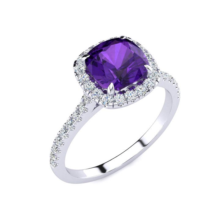 2 Carat Cushion Cut Amethyst and Halo Diamond Ring In 14K White Gold
