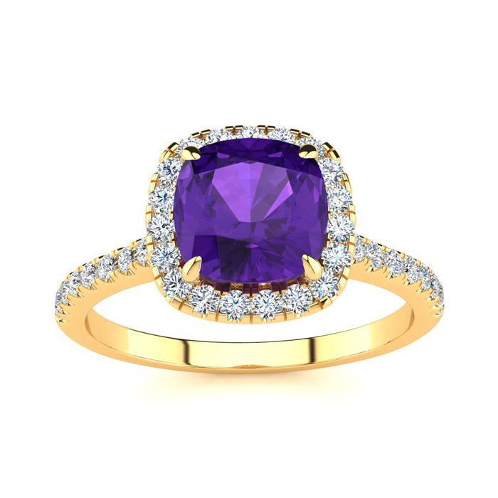 2 Carat Cushion Cut Amethyst and Halo Diamond Ring In 14K Yellow Gold