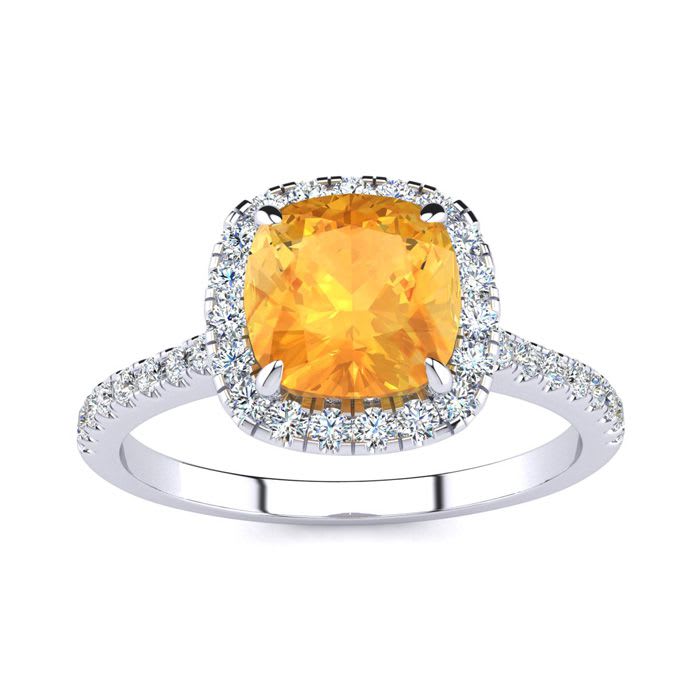 2 Carat Cushion Cut Citrine and Halo Diamond Ring In 14K White Gold