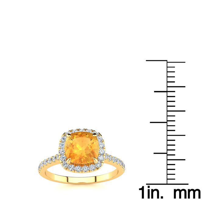 2 Carat Cushion Cut Citrine and Halo Diamond Ring In 14K Yellow Gold