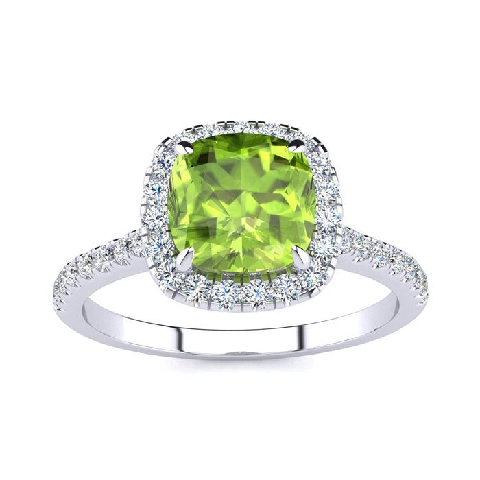 2 Carat Cushion Cut Peridot and Halo Diamond Ring In 14K White Gold