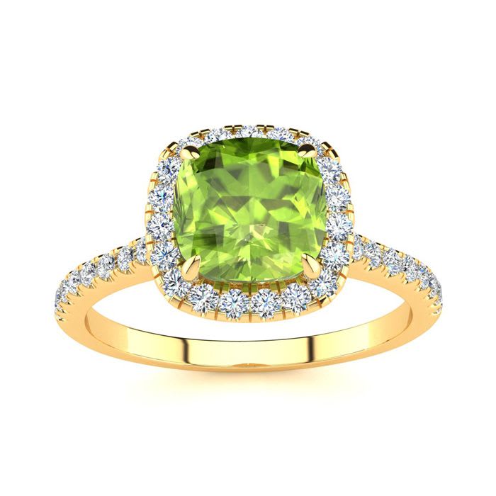 2 Carat Cushion Cut Peridot and Halo Diamond Ring In 14K Yellow Gold