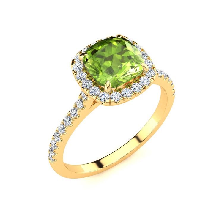 2 Carat Cushion Cut Peridot and Halo Diamond Ring In 14K Yellow Gold
