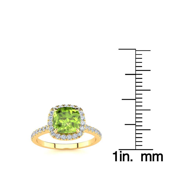 2 Carat Cushion Cut Peridot and Halo Diamond Ring In 14K Yellow Gold