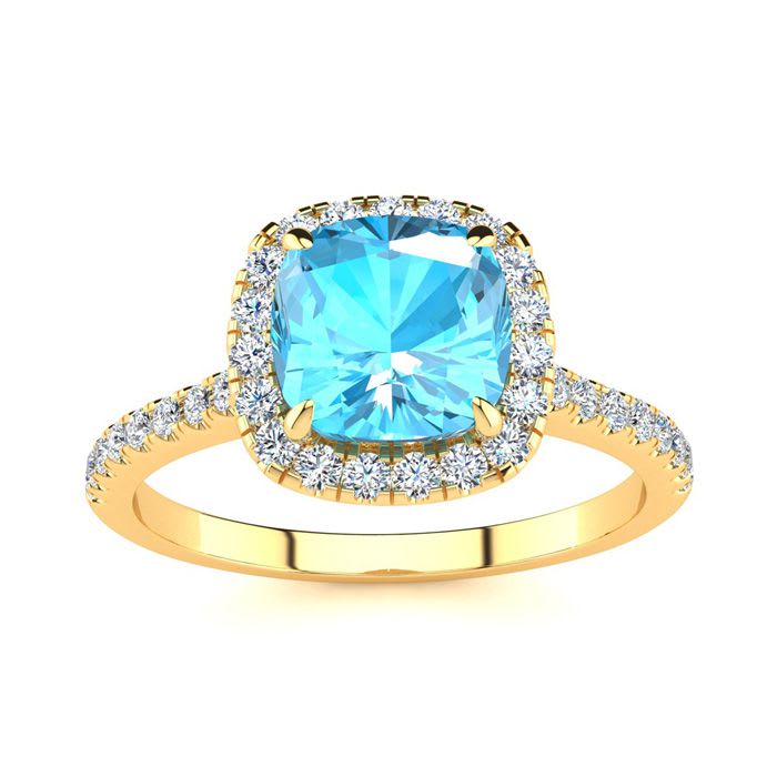 2 Carat Cushion Cut Blue Topaz and Halo Diamond Ring In 14K Yellow Gold
