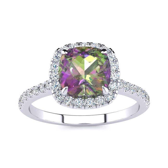 2 Carat Cushion Shape Mystic Topaz Ring With Diamond Halo In 14 Karat White Gold