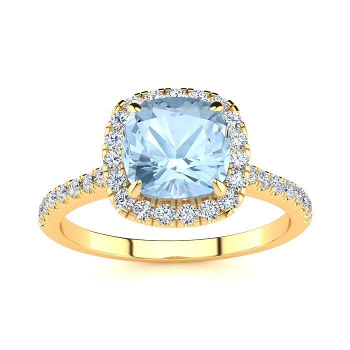 Aquamarine Ring: Aquamarine Jewelry: 2 Carat Cushion Cut Aquamarine and Halo Diamond Ring In 14K Yellow Gold