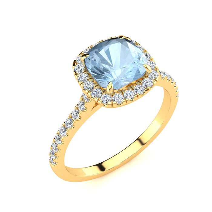 Aquamarine Ring: Aquamarine Jewelry: 2 Carat Cushion Cut Aquamarine and Halo Diamond Ring In 14K Yellow Gold