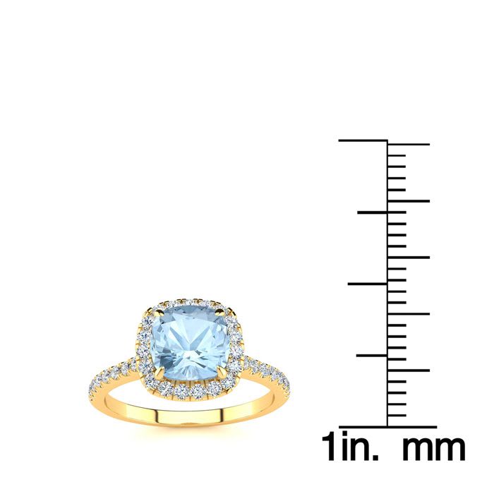 Aquamarine Ring: Aquamarine Jewelry: 2 Carat Cushion Cut Aquamarine and Halo Diamond Ring In 14K Yellow Gold