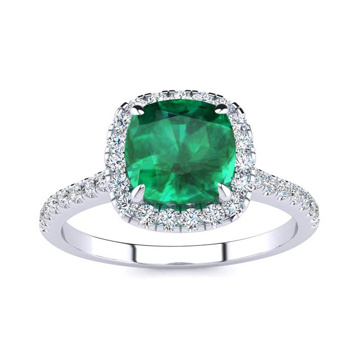2 Carat Cushion Cut Emerald and Halo Diamond Ring In 14K White Gold