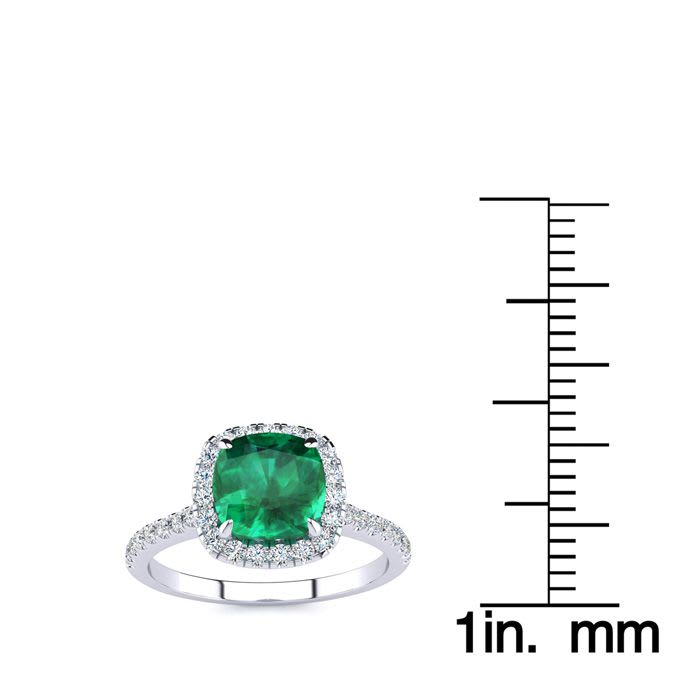 2 Carat Cushion Cut Emerald and Halo Diamond Ring In 14K White Gold