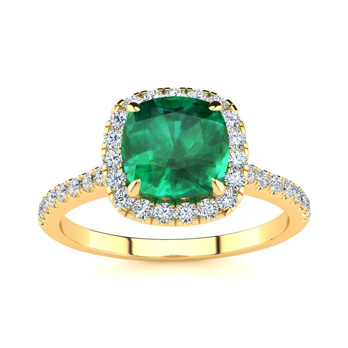 2 Carat Cushion Cut Emerald and Halo Diamond Ring In 14K Yellow Gold