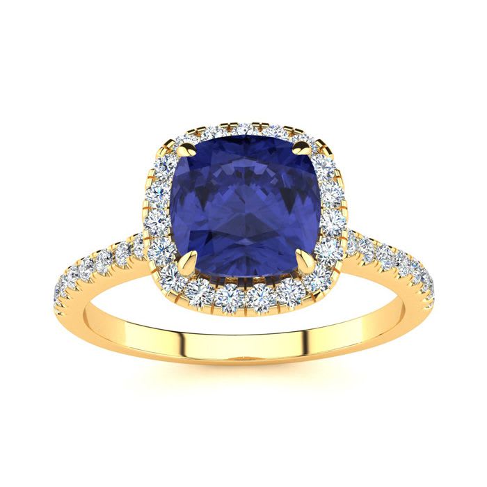 2 Carat Cushion Cut Tanzanite and Halo Diamond Ring In 14K Yellow Gold