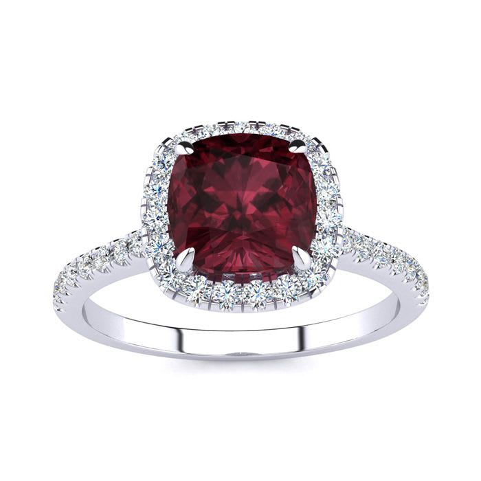 Garnet Ring: Garnet Jewelry: 2 Carat Cushion Cut Garnet and Halo Diamond Ring In 14K White Gold