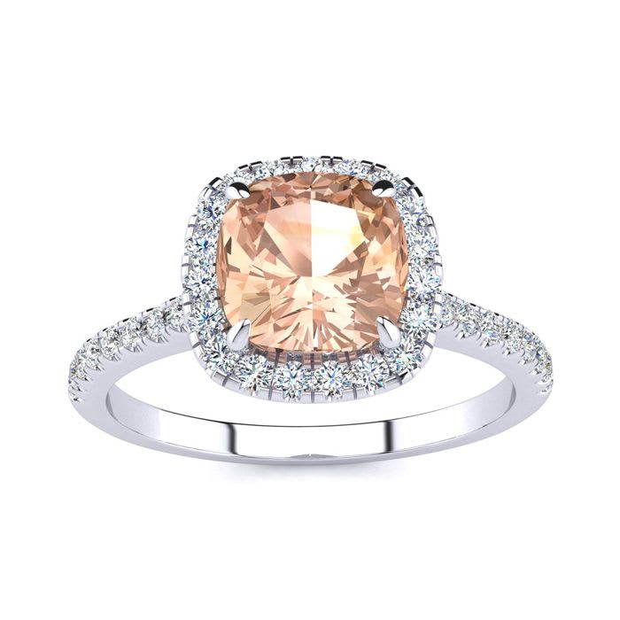 2 Carat Cushion Cut Morganite and Halo Diamond Ring In 14K White Gold