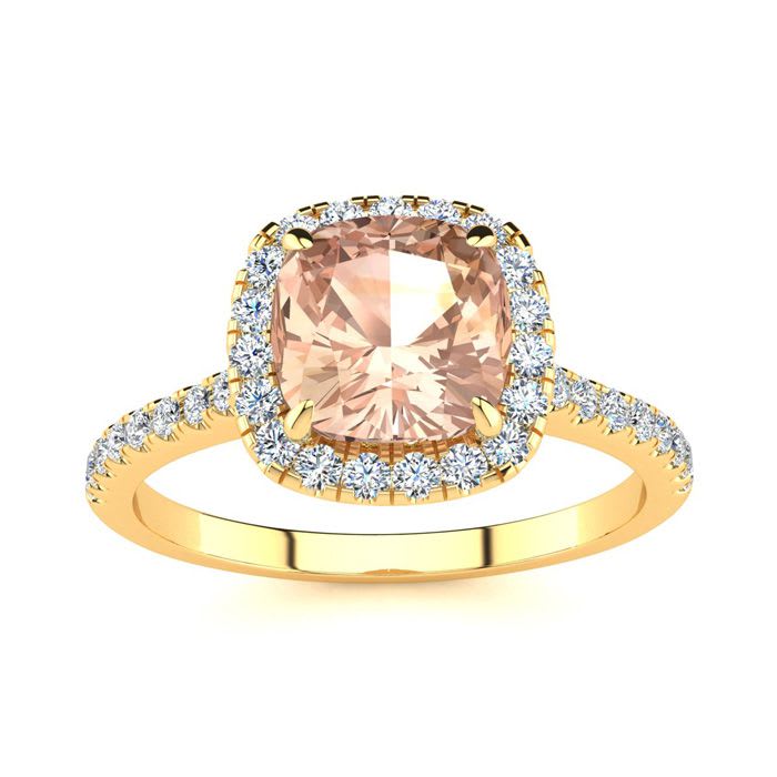 2 Carat Cushion Cut Morganite and Halo Diamond Ring In 14K Yellow Gold