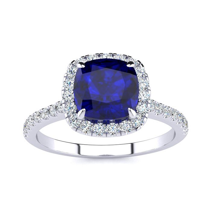 2 Carat Cushion Cut Sapphire and Halo Diamond Ring In 14K White Gold