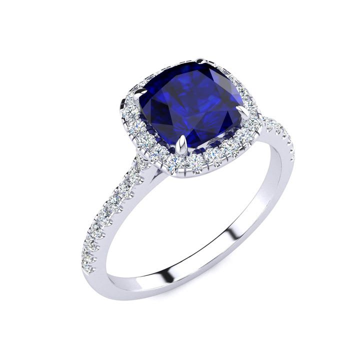 2 Carat Cushion Cut Sapphire and Halo Diamond Ring In 14K White Gold