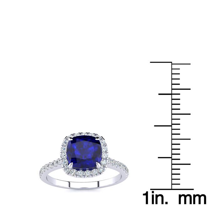 2 Carat Cushion Cut Sapphire and Halo Diamond Ring In 14K White Gold