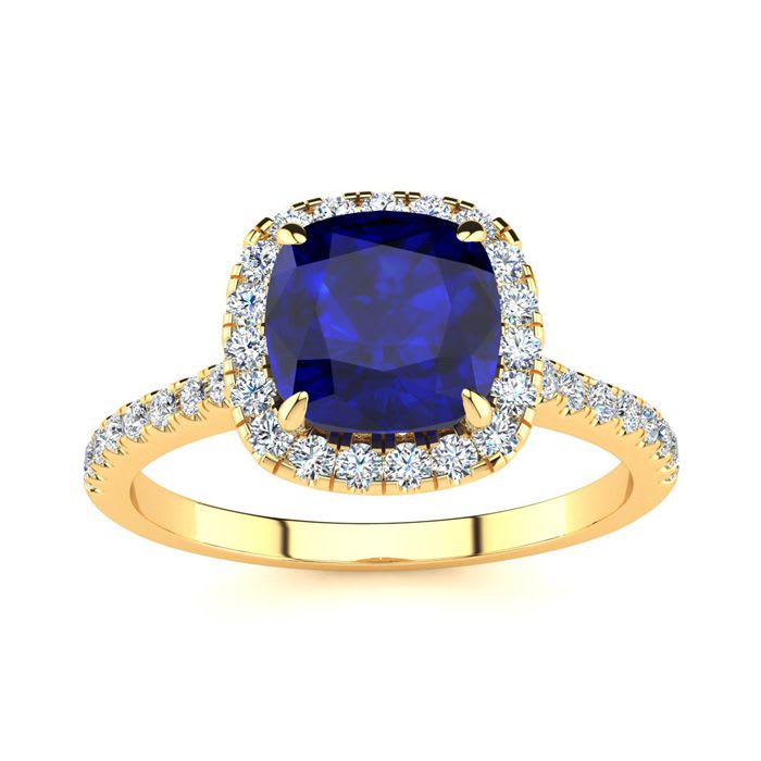 2 Carat Cushion Cut Sapphire and Halo Diamond Ring In 14K Yellow Gold