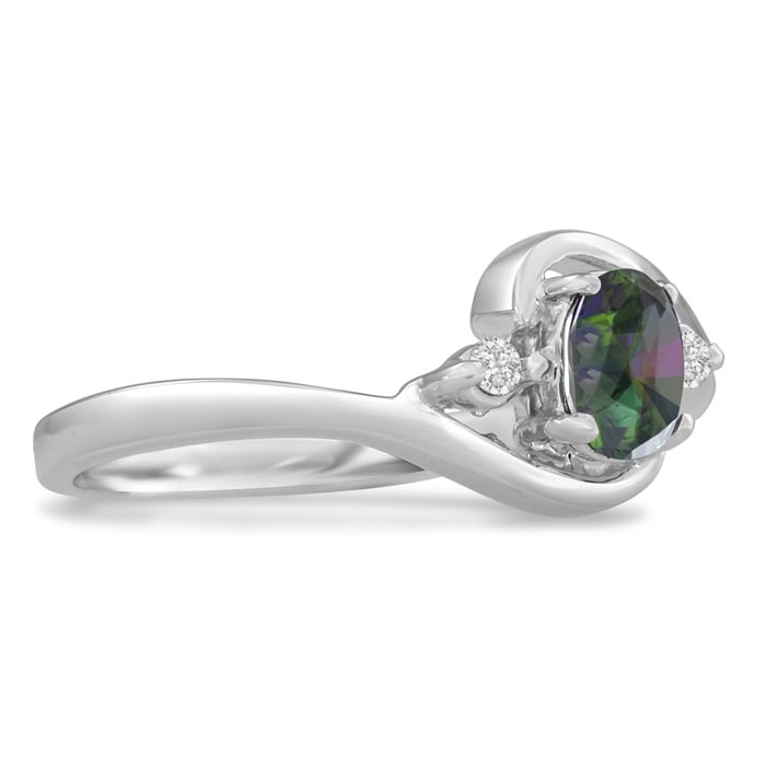 1/2 Carat Oval Shape Mystic Topaz Ring With Two Diamonds In 14 Karat White Gold