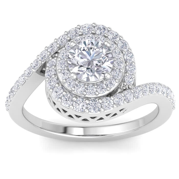 1 1/2 Carat Swirl Halo Diamond Engagement Ring in 14k White Gold