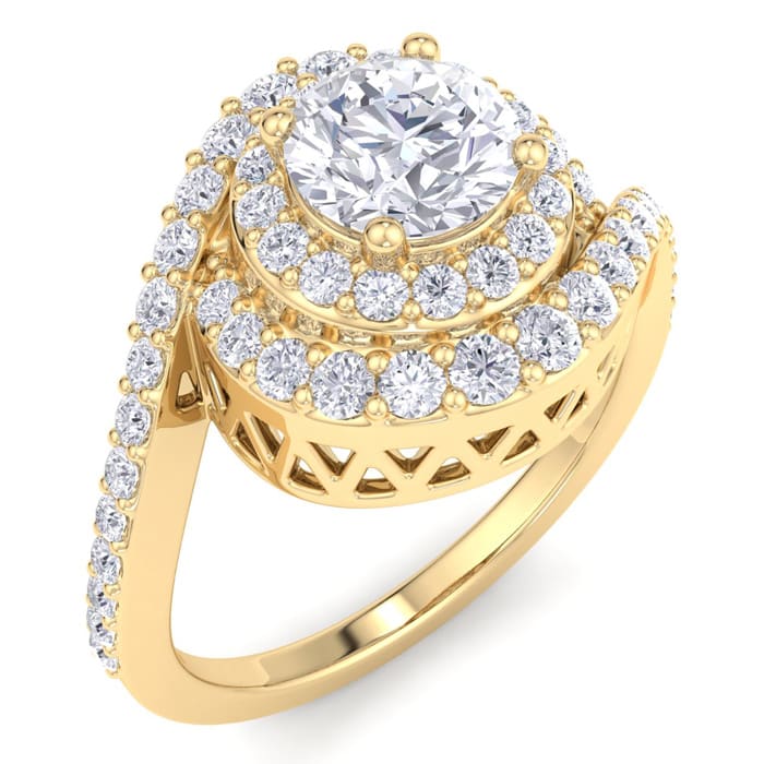1 1/2 Carat Swirl Halo Diamond Engagement Ring in 14k Yellow Gold