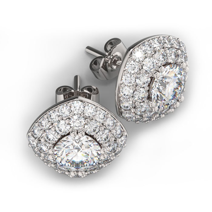 14K White Gold 3 Carat Diamond Cushion Shape Halo Stud Earrings
