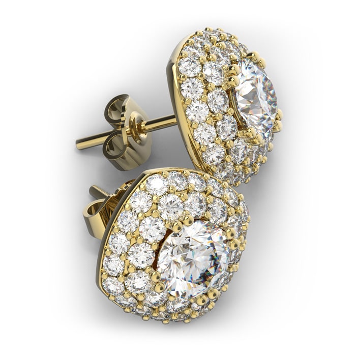 14K Yellow Gold 3 Carat Diamond Cushion Shape Halo Stud Earrings