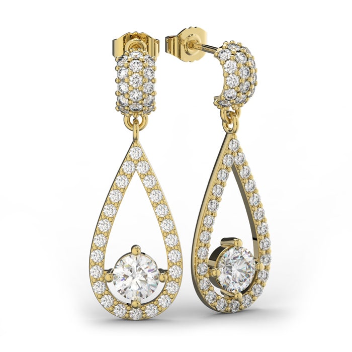 Diamond Drop Earrings: 14K Yellow Gold 3 Carat Diamond Halo Teardrop Earrings