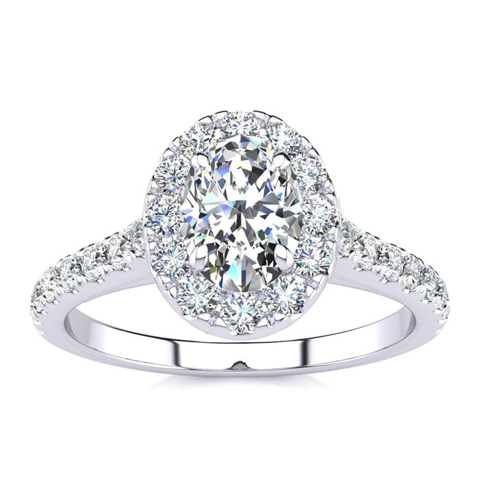 1 Carat Oval Shape Halo Diamond Engagement Ring in 14 Karat White Gold