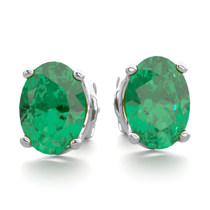 1 1/2 Carat Oval Shape Emerald Stud Earrings In Sterling Silver
