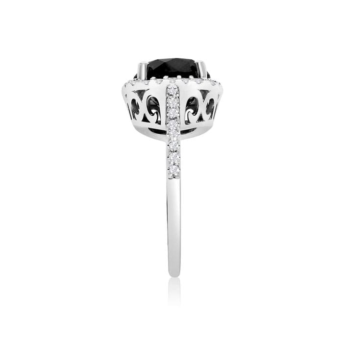 4 1/2 Carat Cushion Cut Black and White Diamond Halo Ring in 14k White Gold