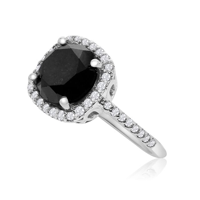 4 1/2 Carat Cushion Cut Black and White Diamond Halo Ring in 14k White Gold