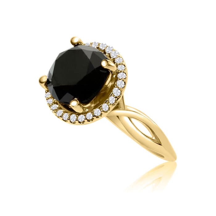 4 3/4 Carat Black and White Diamond Halo Ring In 14 Karat Yellow Gold