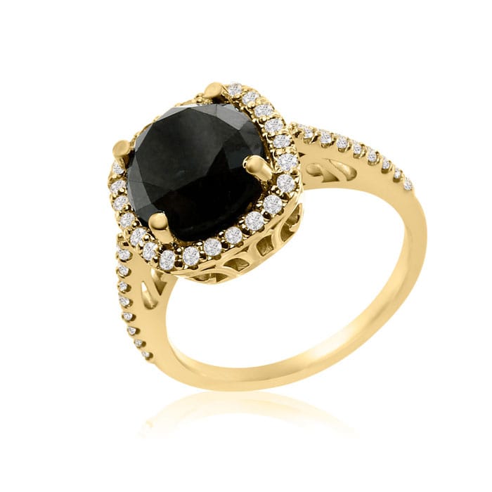 4 1/2 Carat Cushion Cut Black and White Diamond Halo Ring in 14 Karat Yellow Gold