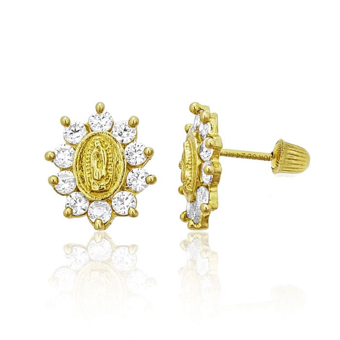 14K Yellow Gold Cubic Zirconia Virgin Mary Stud Earrings