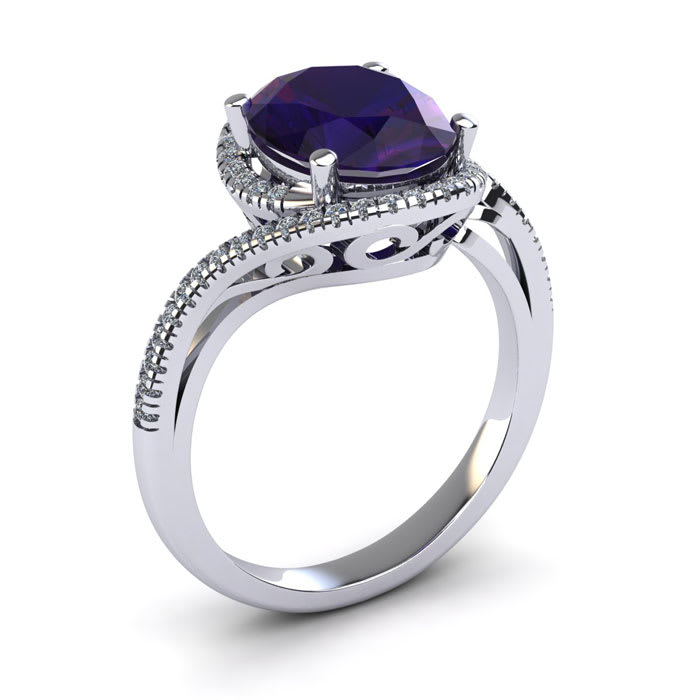 1 Carat Oval Shape Amethyst and Halo Diamond Ring In 14 Karat White Gold