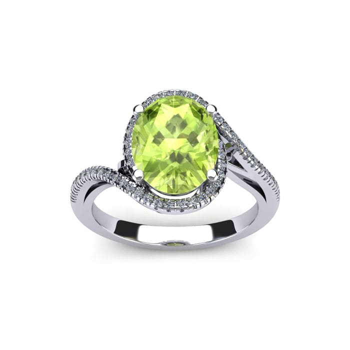 1 Carat Oval Shape Peridot and Halo Diamond Ring In 14 Karat White Gold