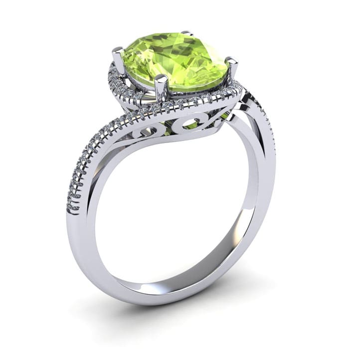 1 Carat Oval Shape Peridot and Halo Diamond Ring In 14 Karat White Gold