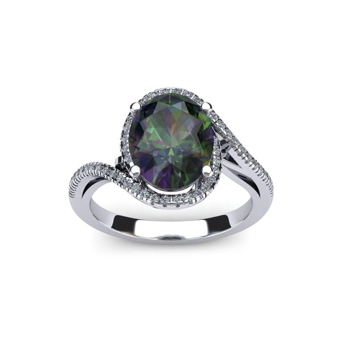 1 Carat Oval Shape Mystic Topaz Ring With Swirling Diamond Halo In 14 Karat White Gold