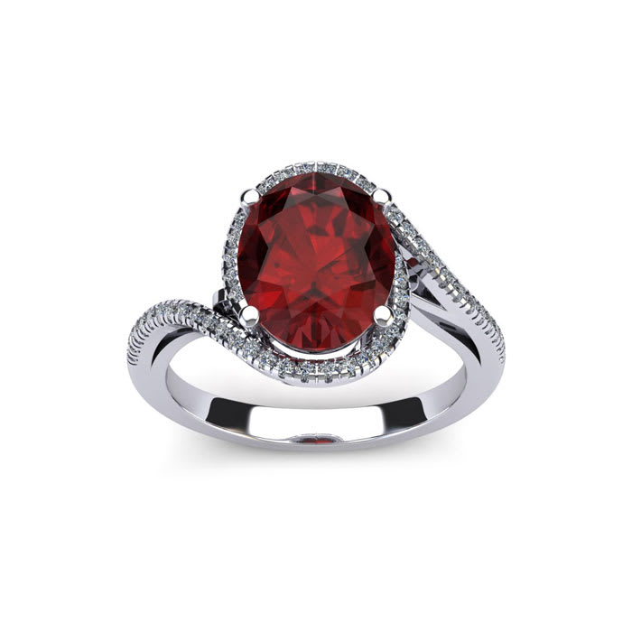 Garnet Ring: Garnet Jewelry: 1 1/4 Carat Oval Shape Garnet and Halo Diamond Ring In 14 Karat White Gold