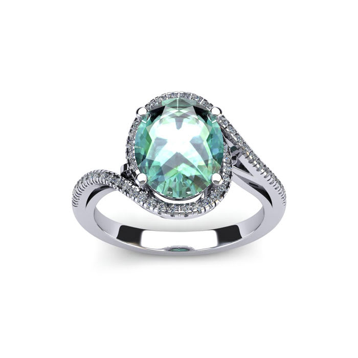 1 Carat Oval Shape Green Amethyst and Halo Diamond Ring In 14 Karat White Gold