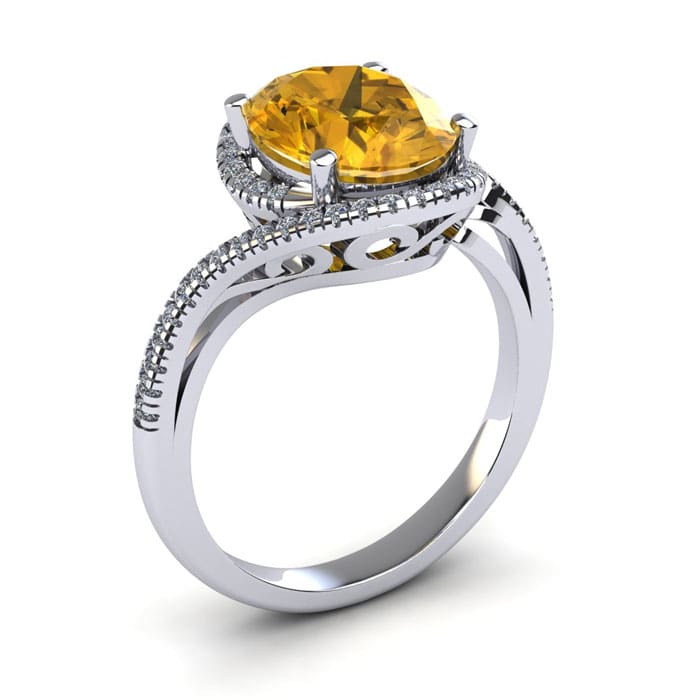 1 1/3 Carat Oval Shape Citrine and Halo Diamond Ring In 14 Karat White Gold