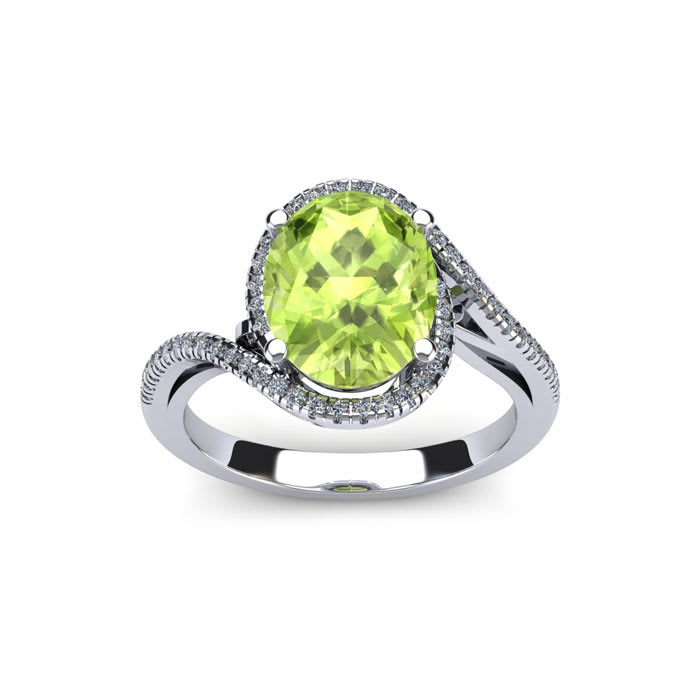 1 1/2 Carat Oval Shape Peridot and Halo Diamond Ring In 14 Karat White Gold