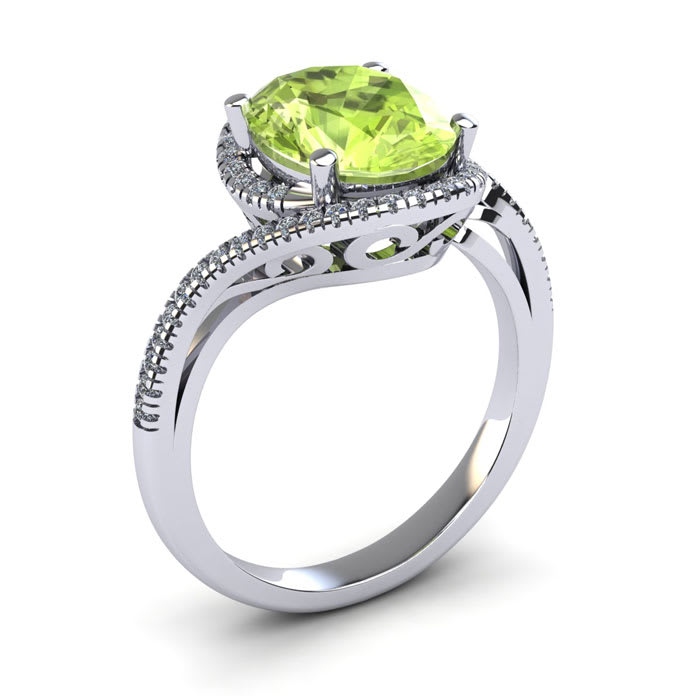 1 1/2 Carat Oval Shape Peridot and Halo Diamond Ring In 14 Karat White Gold