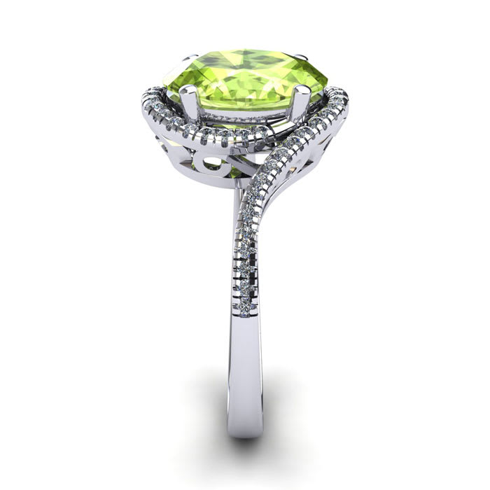 1 1/2 Carat Oval Shape Peridot and Halo Diamond Ring In 14 Karat White Gold