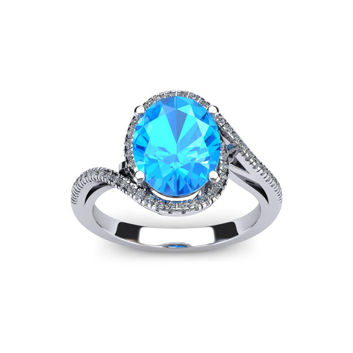 1 3/4 Carat Oval Shape Blue Topaz and Halo Diamond Ring In 14 Karat White Gold