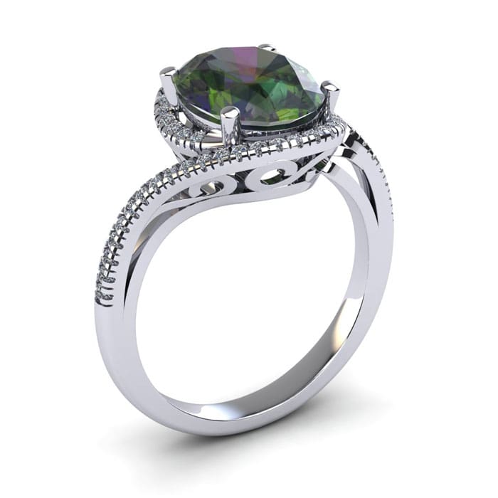 1-1/3 Carat Oval Shape Mystic Topaz Ring With Swirling Diamond Halo In 14 Karat White Gold