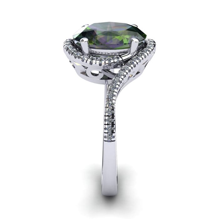 1-1/3 Carat Oval Shape Mystic Topaz Ring With Swirling Diamond Halo In 14 Karat White Gold